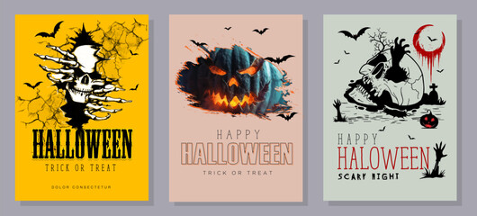 Happy Halloween posters set with night clouds and pumpkins in paper-cut style. Vector illustration. Full moon, witch cauldron, spider web, and flying bat.