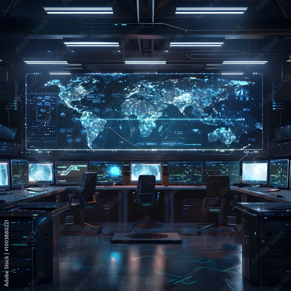 Poster futuristic military command center with quantum internet for secure global communication