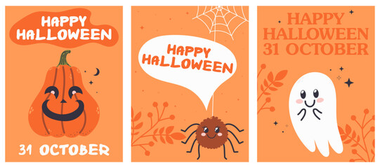 A set of posters for Halloween, Autumn cozy flat style and funny characters, Cute poster for postcard, flyer, banner, ghost, pumpkin, spider