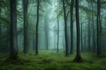 Fototapeta premium Misty Forest Landscape in Soft Fog