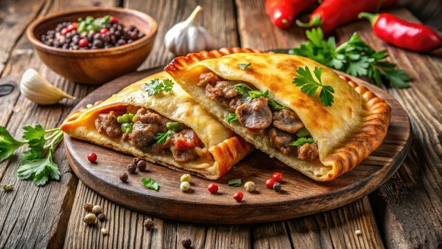 Golden cheburek pastry filled with succulent meat and fragrant spices, beautifully presented on a rustic wooden table, inviting you to indulge in its rich flavors.