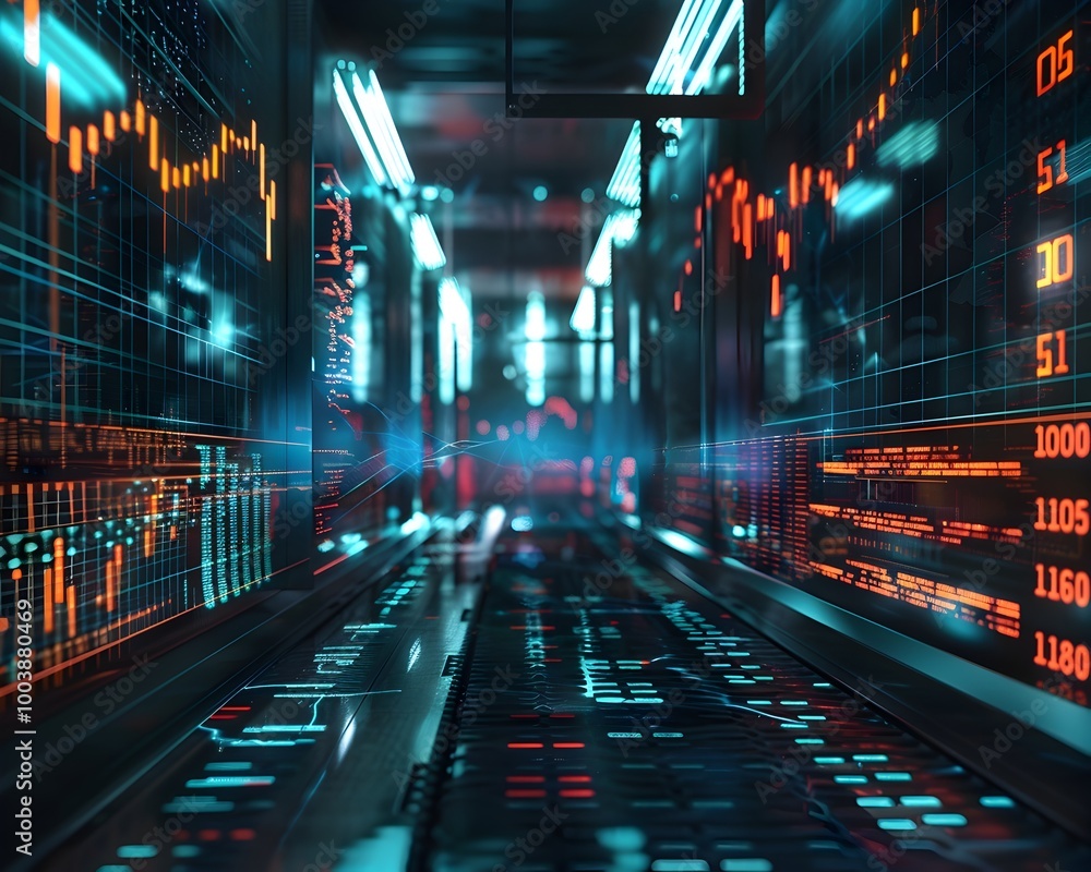 Poster futuristic quantum internet powered exchange with dynamic data displays