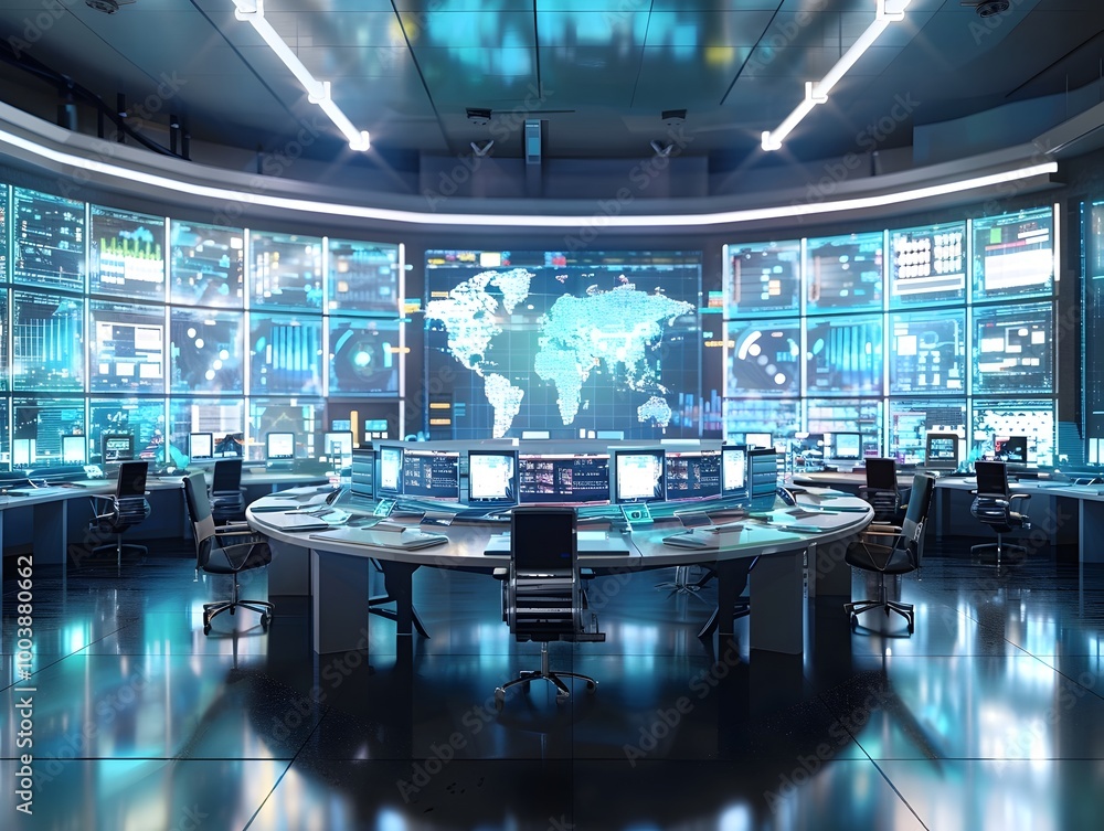 Poster high tech smart grid control room with holographic data visualization