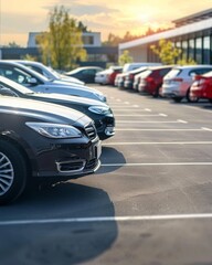 Car parked at outdoor parking lot. Used car for sale and rental service. Car insurance background. Automobile parking area. Car dealership and dealer agent concept. Automotive industry. Electric auto