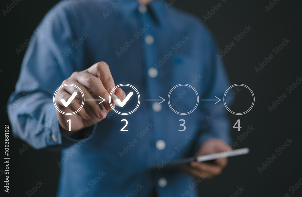 Aufkleber Businessman touching to tick correct mark in checklist to remind work task progressive for project develop management and tracking concept.