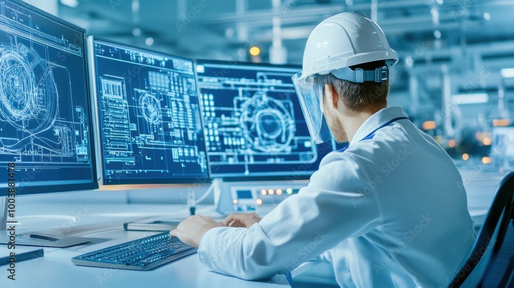 Poster engineer working with computer screens in laboratory
