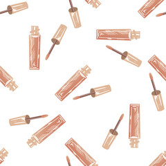 Flat style  lip gloss seamless pattern, liquid lipstick or liquid eye shadow, beauty cosmetic element, self care. Illustration for beauty salon, cosmetic store, makeup design. Doodle sketch style.
