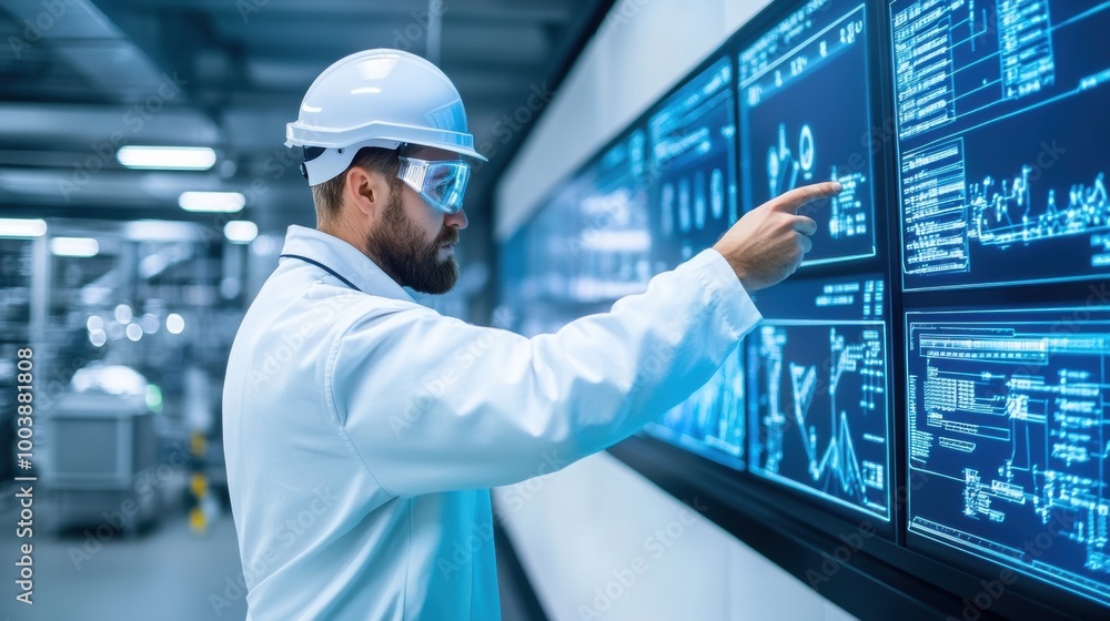 Poster scientist analyzing data in advanced laboratory environment