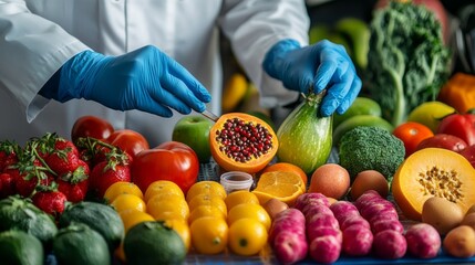 A man is cutting open a fruit, while other fruits