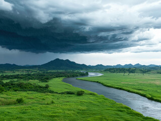 Fototapeta premium Dark storm clouds loom over a lush green valley, with a winding river cutting through the vibrant landscape. The air is thick with the promise of heavy rain and an impending storm.