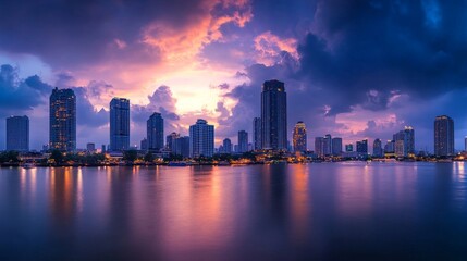 Naklejka premium Skyline of modern Bangkok, Thailand. Majestic skyscrapers on the waterfront under the cloudy sky at twilight time.