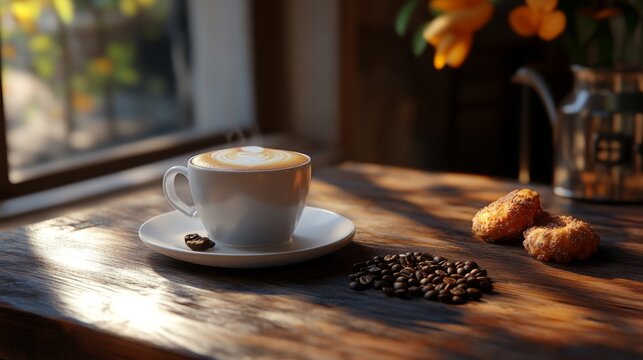 An inviting image of a cozy etting with a table featuring a cup of coffee, a small plate of pastries, and a backdrop of coffee beans, perfect for a relaxing afternoon.