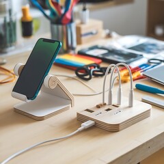 Create an image of DIY tech projects, like homemade phone stands or custom charging stations, displayed on a craft table with colorful tools and materials.