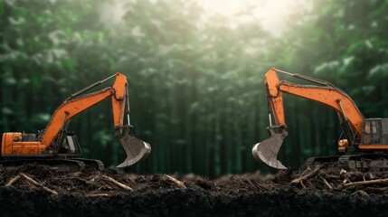 Industrial machines tearing into a forest, visualizing deforestation and the environmental cost of development