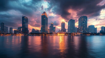 Fototapeta premium Skyline of modern Bangkok, Thailand. Majestic skyscrapers on the waterfront under the cloudy sky at twilight time.