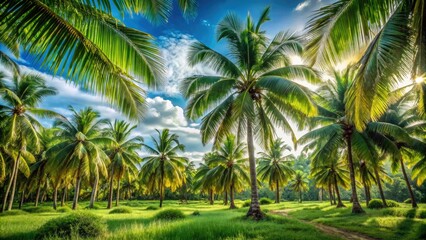 Obraz premium Lush green palm trees sway under brilliant blue skies, offering an enchanting backdrop ideal for tropical landscapes and dreamy vacation vibes. Experience tropical bliss!