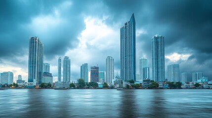 Obraz premium Skyline of modern Bangkok, Thailand. Majestic skyscrapers on the waterfront under the cloudy sky at twilight time.