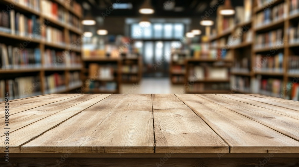 Poster a wooden table with a view of a library