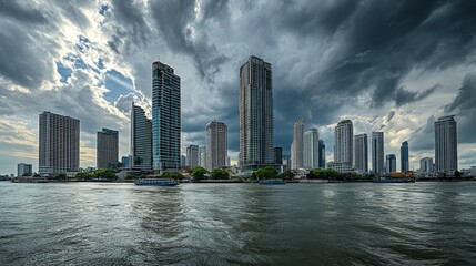Naklejka premium Skyline of modern Bangkok, Thailand. Majestic skyscrapers on the waterfront under the cloudy sky at twilight time.