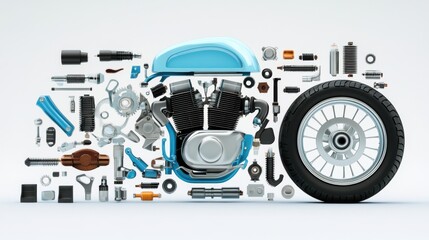 Motorcycle Parts and Components in Arrangement