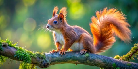 Obraz premium Perched on a tree branch, a playful squirrel displays its fluffy tail and curious eyes, reveling in the joy of the vibrant outdoor scene.