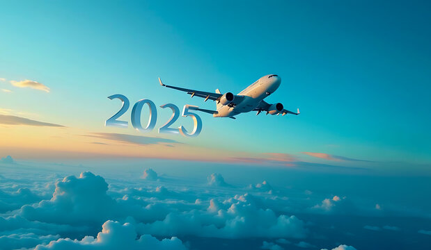 Airplane flying above the clouds on the background of blue sky in the new year 2025. Travel and tourism concept .