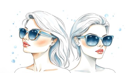 Stylish Shades Duo: Fashion Illustration of Two Women in Trendy Sunglasses 