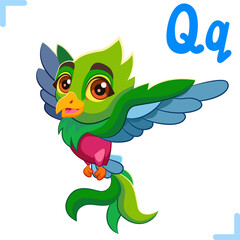 Vector cartoon illustration of quetzal bird with letter 