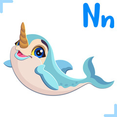Vector cartoon illustration of narwhal with a unicorn horn on its head and letter "N" - design for English alphabet for children. Collection of cute animals and letters. © Sunny_nsk