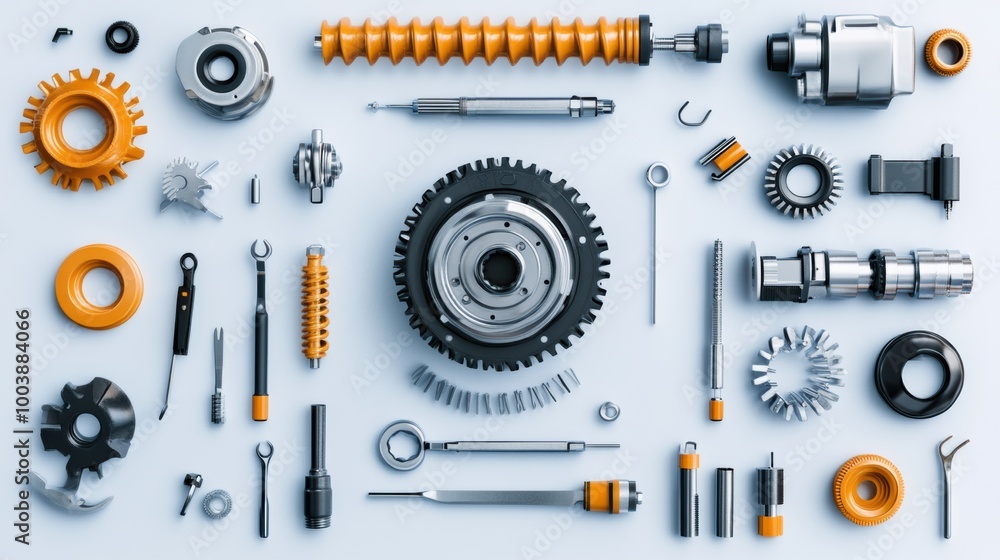 Poster collection of mechanical parts and tools on table