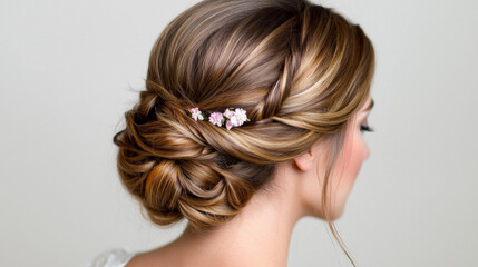 Obraz premium Elegant bridal hairstyle featuring soft waves and delicate floral accents for special occasions