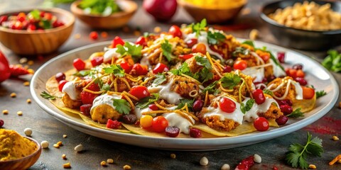 Savor the colorful Papri Chaat, layered with spicy chutneys, cool yogurt, aromatic spices, and crisp vegetables, for a refreshing and flavorful treat.
