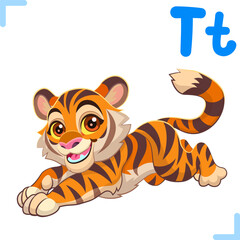 Vector cartoon illustration of a tiger with letter 