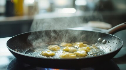 An inviting shot of a hot skillet with melted butter and garlic sizzling, perfect for preparing delicious dishes, set against a bright kitchen backdrop.