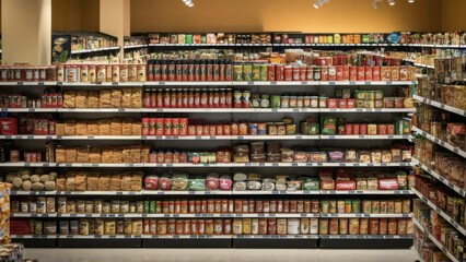 Fototapeta premium Grocery store aisle with bright produce neatly displayed. Clean, organized supermarket environment, perfect for retail or food shopping themes