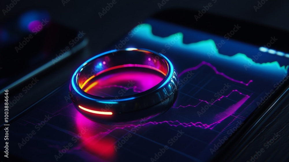 Fototapete A smart ring rests on a smartphone displaying colorful health metrics and data analytics. The background is dimly lit, emphasizing the vibrant colors of the ring and the screen.