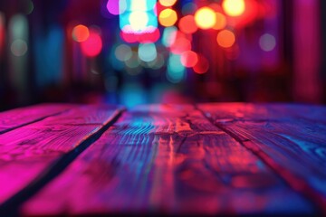 Wooden Surface with Vibrant Bokeh City Lights in the Background, Creating a Colorful and Urban Nighttime Aesthetic