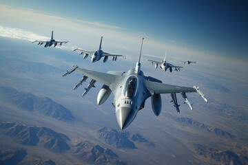 A highly detailed photograph of a fighter jet flying in formation with other aircraft over the desert, with a high-angle view.