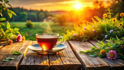 Sunlight pours gently through the window, illuminating a cozy tea cup resting on a rustic wooden table, inviting warmth and tranquility into the morning air.