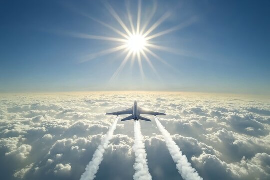 A white fighter jet soaring above the clouds, against a blue sky and sunlit backdrop.