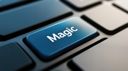 A close up of a blue button on the keyboard that says magic, AI