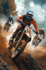 Group of motocross riders racing on dirt track