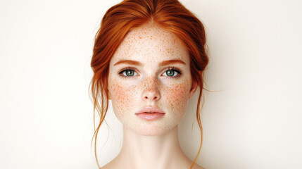 A young woman with striking red hair and freckles poses against a plain background