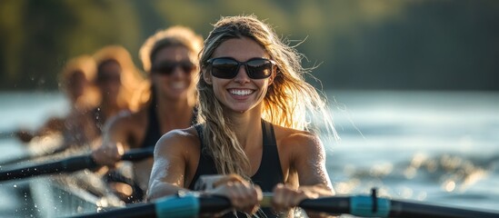 A young woman in a rowing team smiles while rowing on a lake with her teammates.