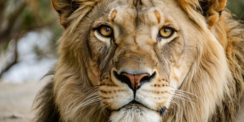 Fototapeta premium portrait of a lionlion, animal, wildlife, lioness, cat, wild, mammal, nature, predator, feline, carnivore, portrait, safari, mane, zoo, face, fur, big, cub, young, big cat, hunter, leo, king