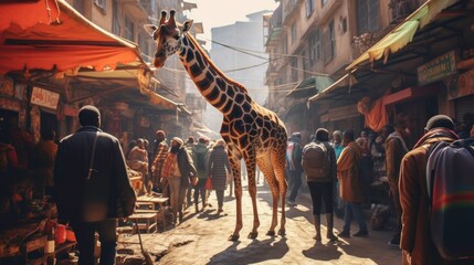 Giraffe in a busy street market