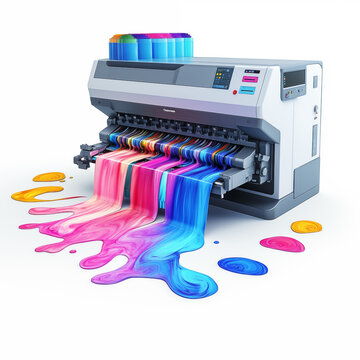 3d illustration of a printer with colorful ink spreading on a white background. Wide format printing