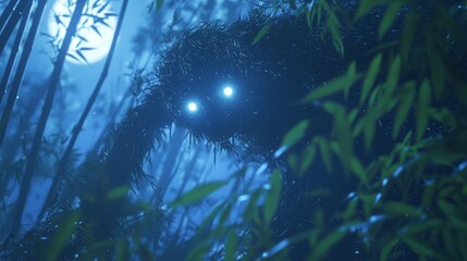 Obraz premium Enigmatic Encounter - Japanese Mythical Creature in Moonlit Bamboo Grove