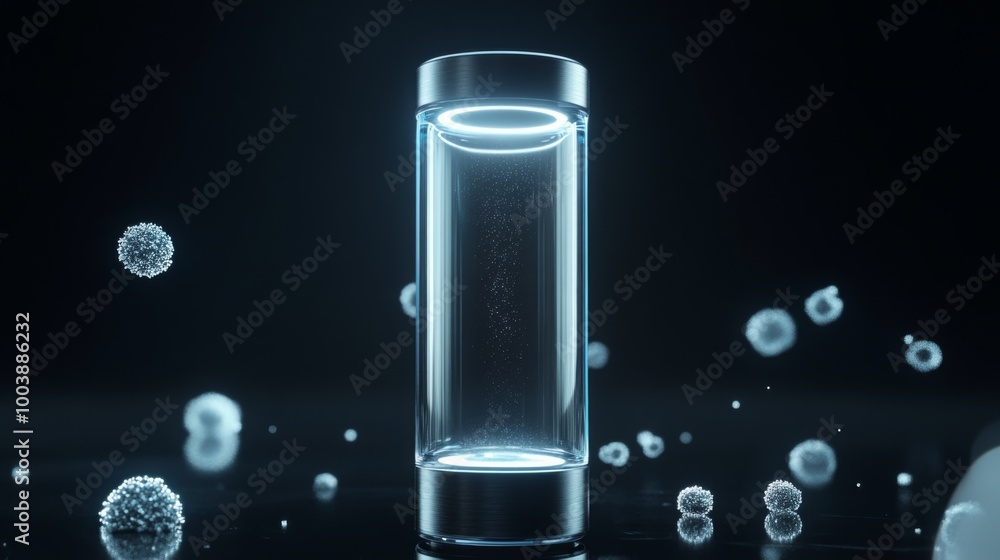 Poster a glass cylinder with a glowing ring sits on a dark surface. several small, white orbs surround the 
