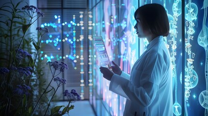 Futuristic Clinic with Doctor Using Holographic Display for Personalized Treatment Plan Based on Genetic Profile